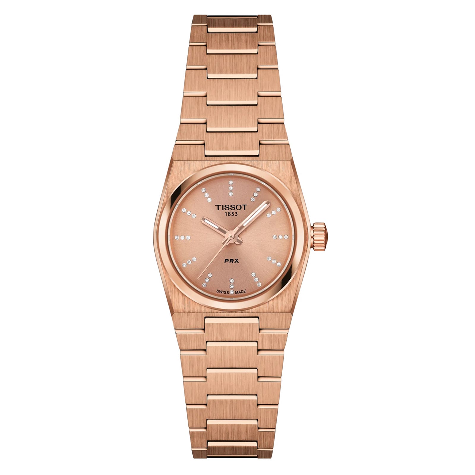 The Tissot PRX features a rose-gold PVD metal band and case, sapphire crystal, round dial with diamond hour markers, and three hands.