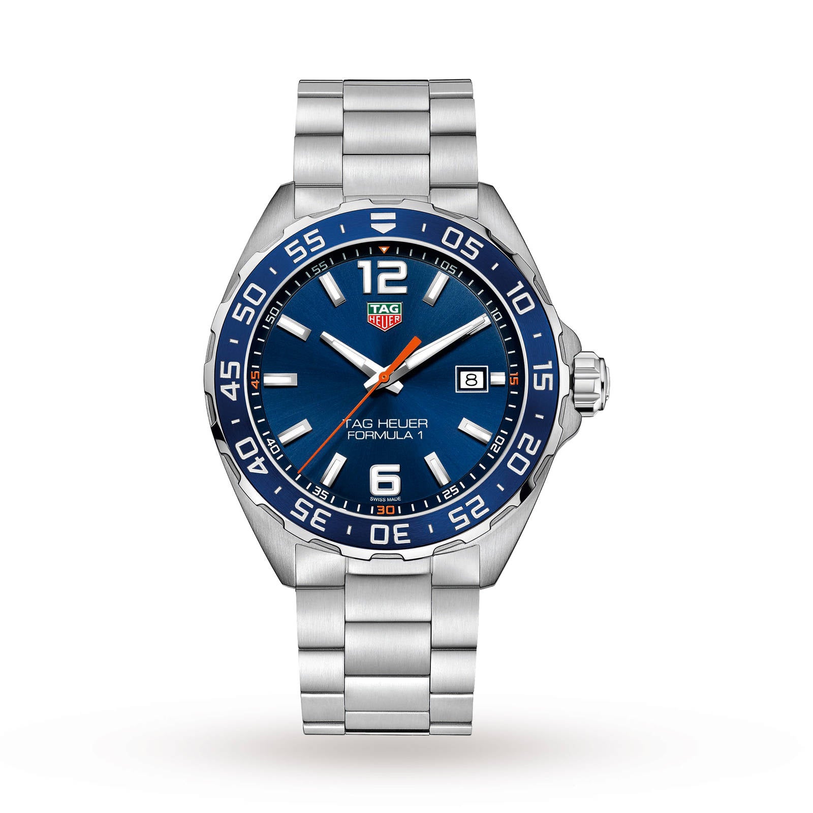 The TAG Heuer Formula 1 Date features a striking blue sunray dial, date window at 3 oclock, blue bezel, and a stainless steel bracelet.