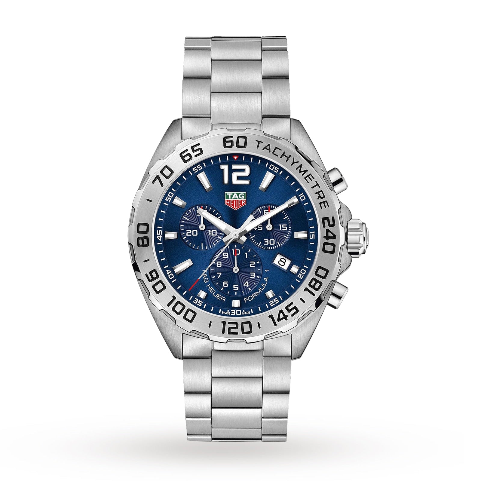 The TAG Heuer Formula 1 Chronograph is a silver watch with a blue dial, three subdials, tachymeter bezel, and metal link bracelet, shown on a white background.