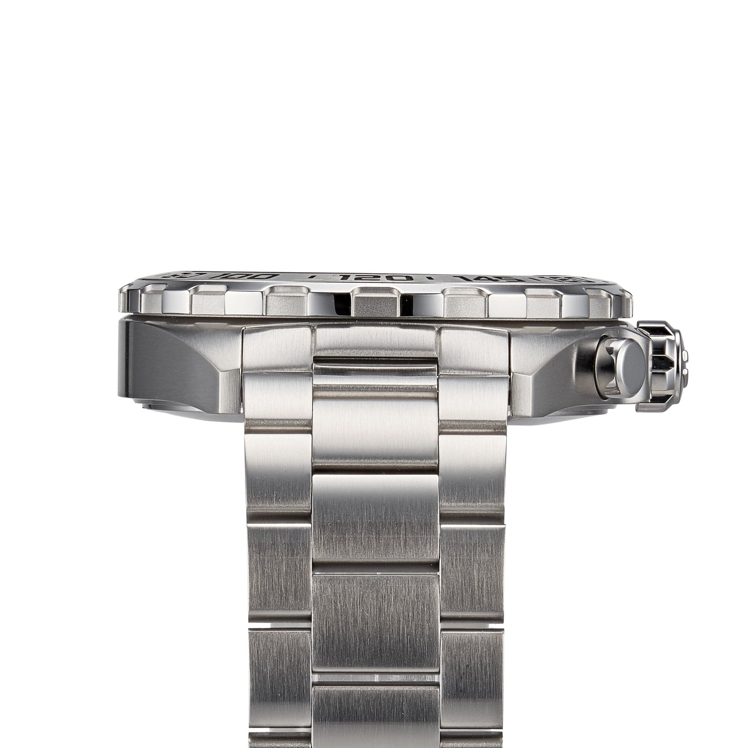 Side view of the TAG Heuer Formula 1 Chronograph, highlighting its stainless steel case, crown, and brushed metal bracelet.