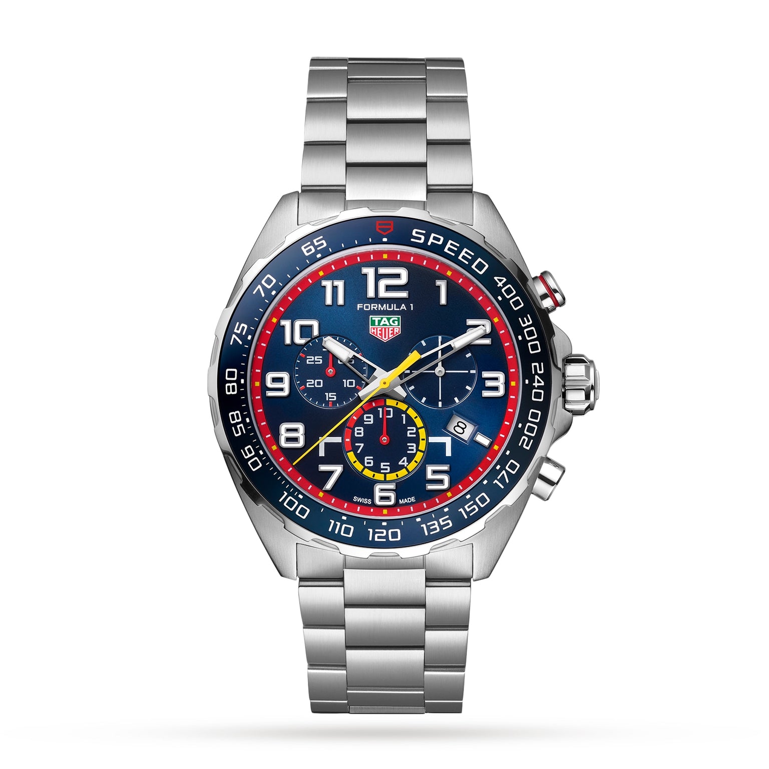 The TAG Heuer Special Edition Formula 1 Chronograph x Red Bull Racing features a silver stainless steel case, blue, red, and yellow accents, three sub-dials, and a tachymeter bezel—celebrating the Red Bull Racing partnership.