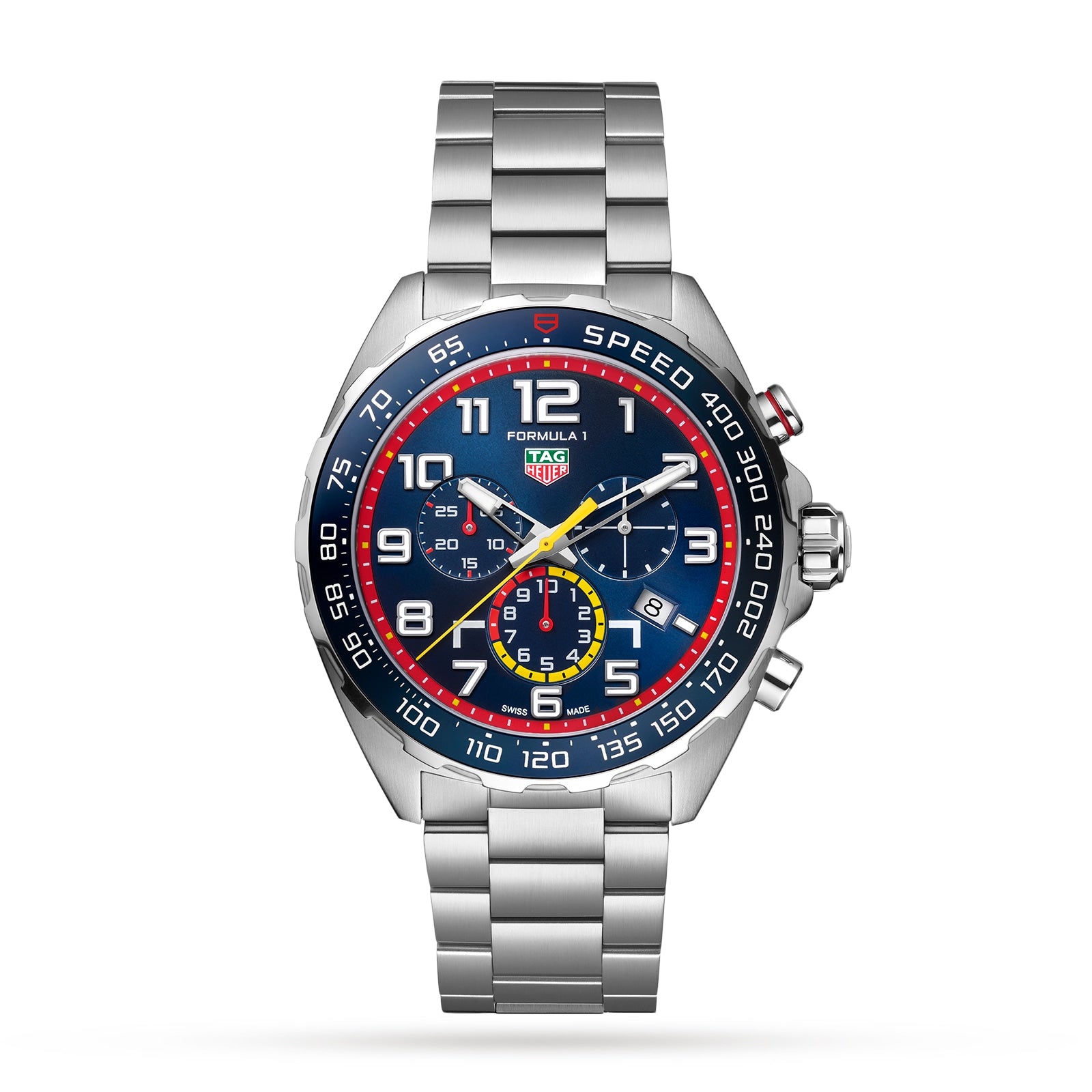 The TAG Heuer Special Edition Formula 1 Chronograph x Red Bull Racing features a silver stainless steel case, blue, red, and yellow accents, three sub-dials, and a tachymeter bezel—celebrating the Red Bull Racing partnership.