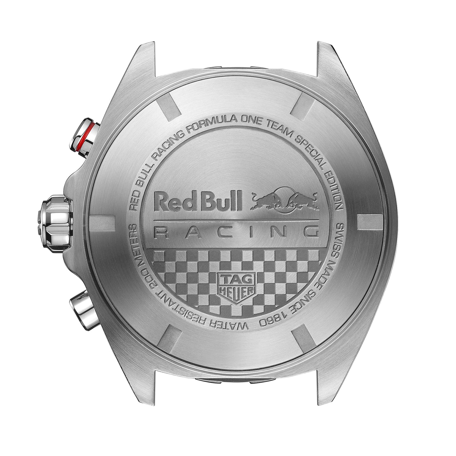 Back view of the TAG Heuer Special Edition Formula 1 Chronograph x Red Bull Racing, featuring engravings of Red Bull Racing, Formula 1 Special Edition, and the TAG Heuer logo above a checkered pattern.