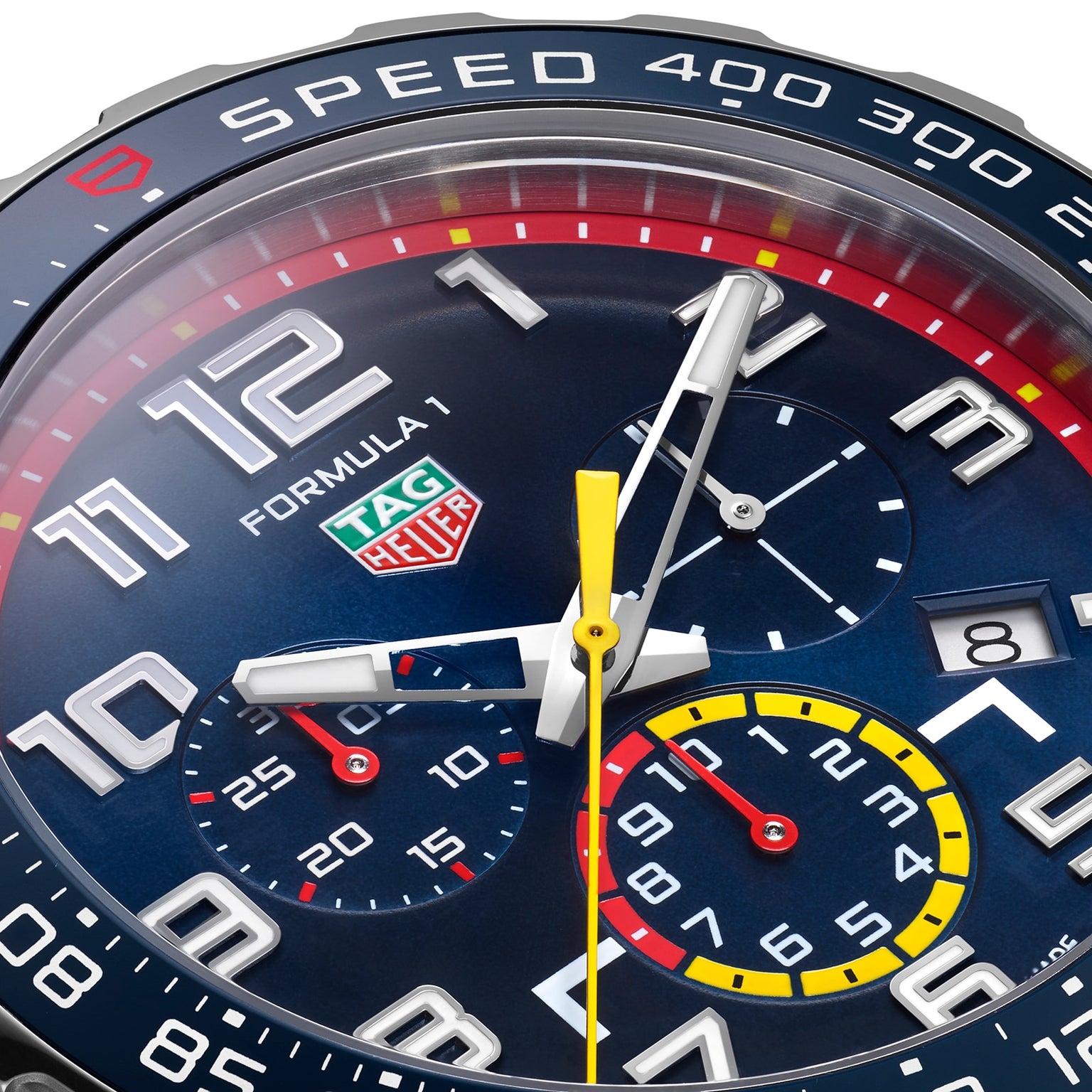 Close-up of the TAG Heuer Special Edition Formula 1 Chronograph x Red Bull Racing watch face, featuring bold numbers, subdials, and a yellow second hand.