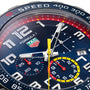 Close-up of the TAG Heuer Special Edition Formula 1 Chronograph x Red Bull Racing watch face, featuring bold numbers, subdials, and a yellow second hand.