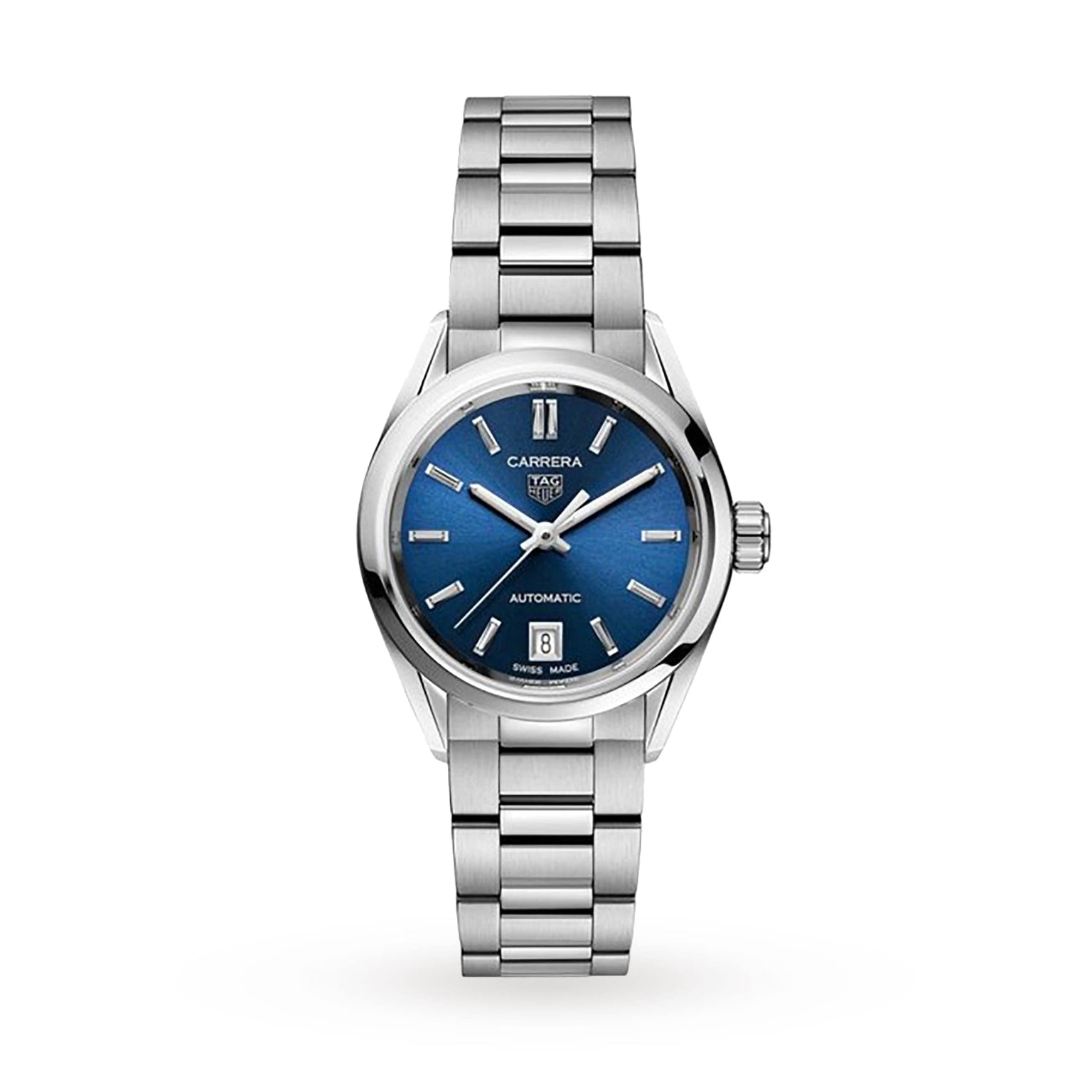 The TAG Heuer Carrera Date features a blue sunray dial, silver hour markers, date at 6 o’clock, and a stainless steel bracelet with calibre 9 automatic movement.