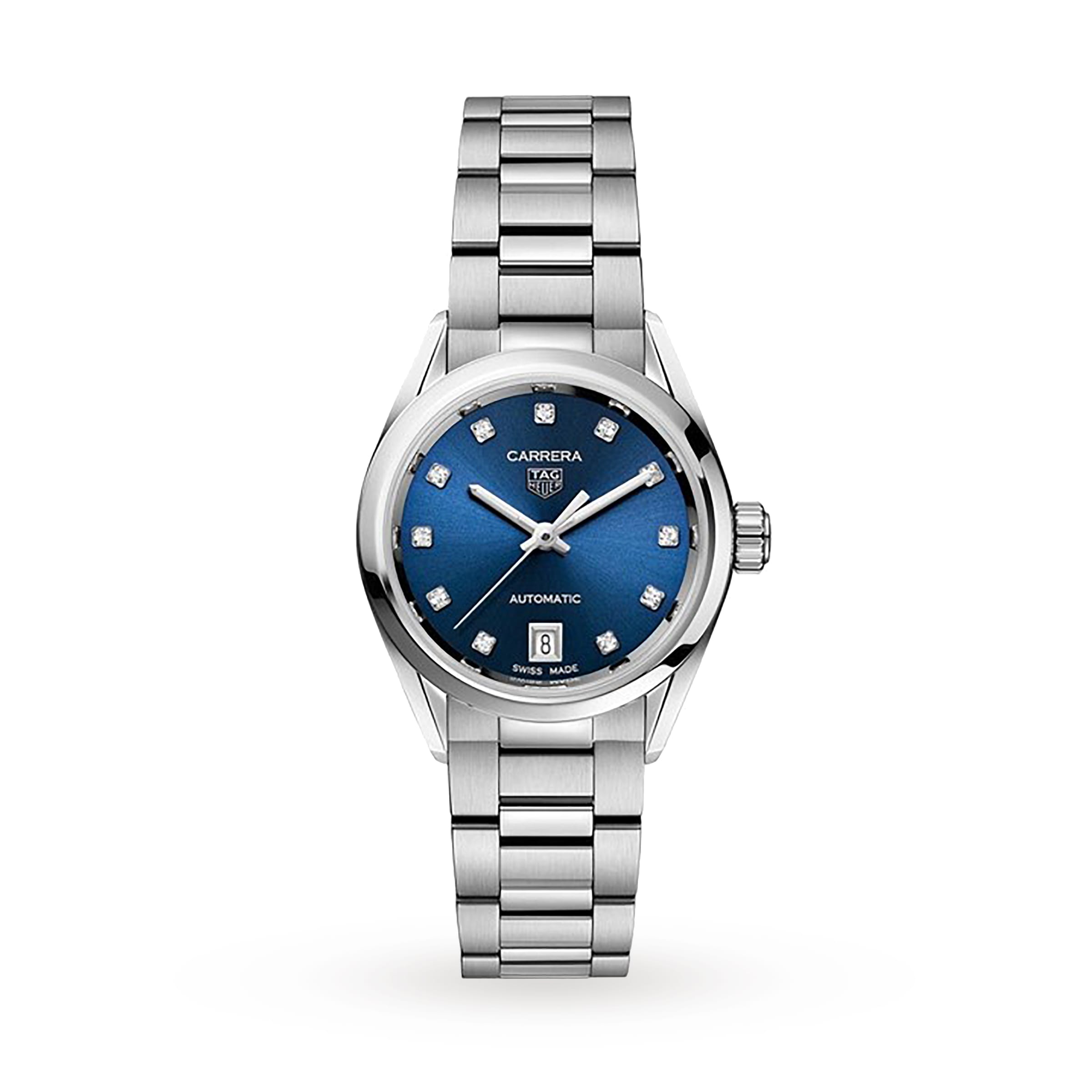 The TAG Heuer Carrera Date is a stainless steel wristwatch with a blue sunray dial, diamond hour markers, date window at 6 o’clock, and a linked metal bracelet.
