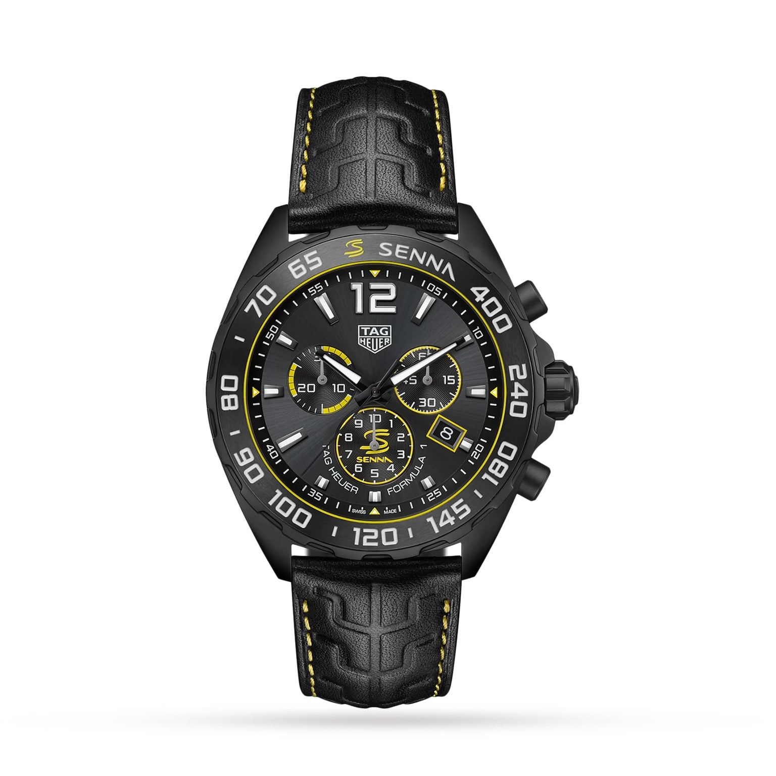 The TAG Heuer Special Edition Formula 1 Senna is a chronograph with black and yellow accents, a black strap, and a tachymeter bezel, showcased on a white background.