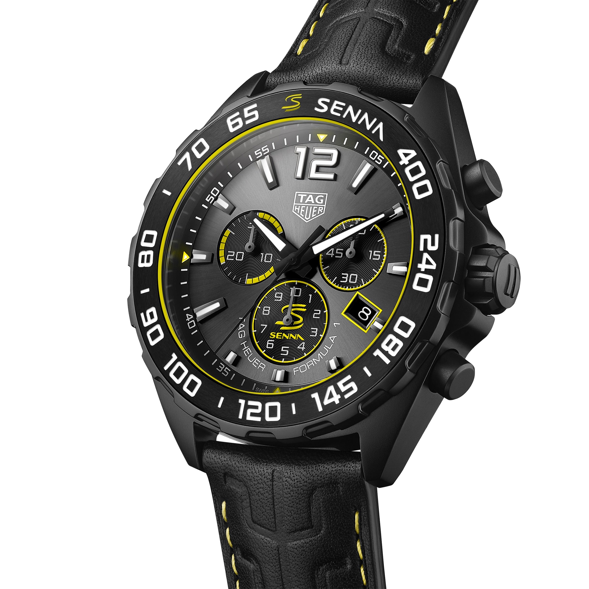 The TAG Heuer Special Edition Formula 1 Senna features a black design with yellow accents, three subdials, and a black leather strap with yellow stitching.