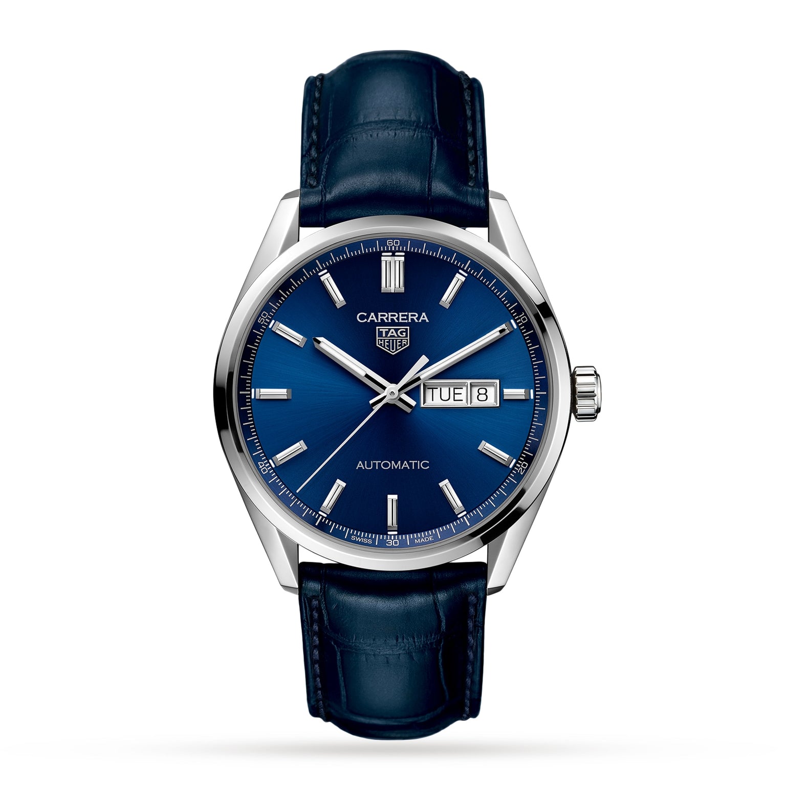 The TAG Heuer Carrera Day-Date wristwatch features a blue dial with silver markers, day and date display, calibre 5 automatic movement, and a blue alligator leather strap.