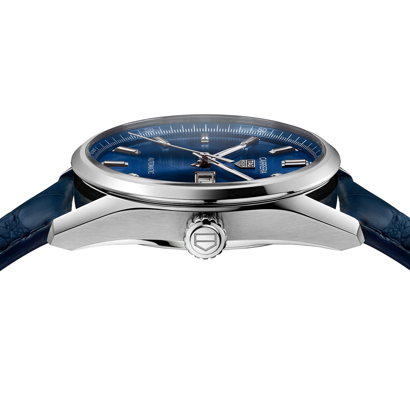 Side view of the TAG Heuer Carrera Day-Date stainless steel watch, featuring a blue dial, blue alligator leather strap, crown detail, and showcasing its thickness and Calibre 5 automatic movement.