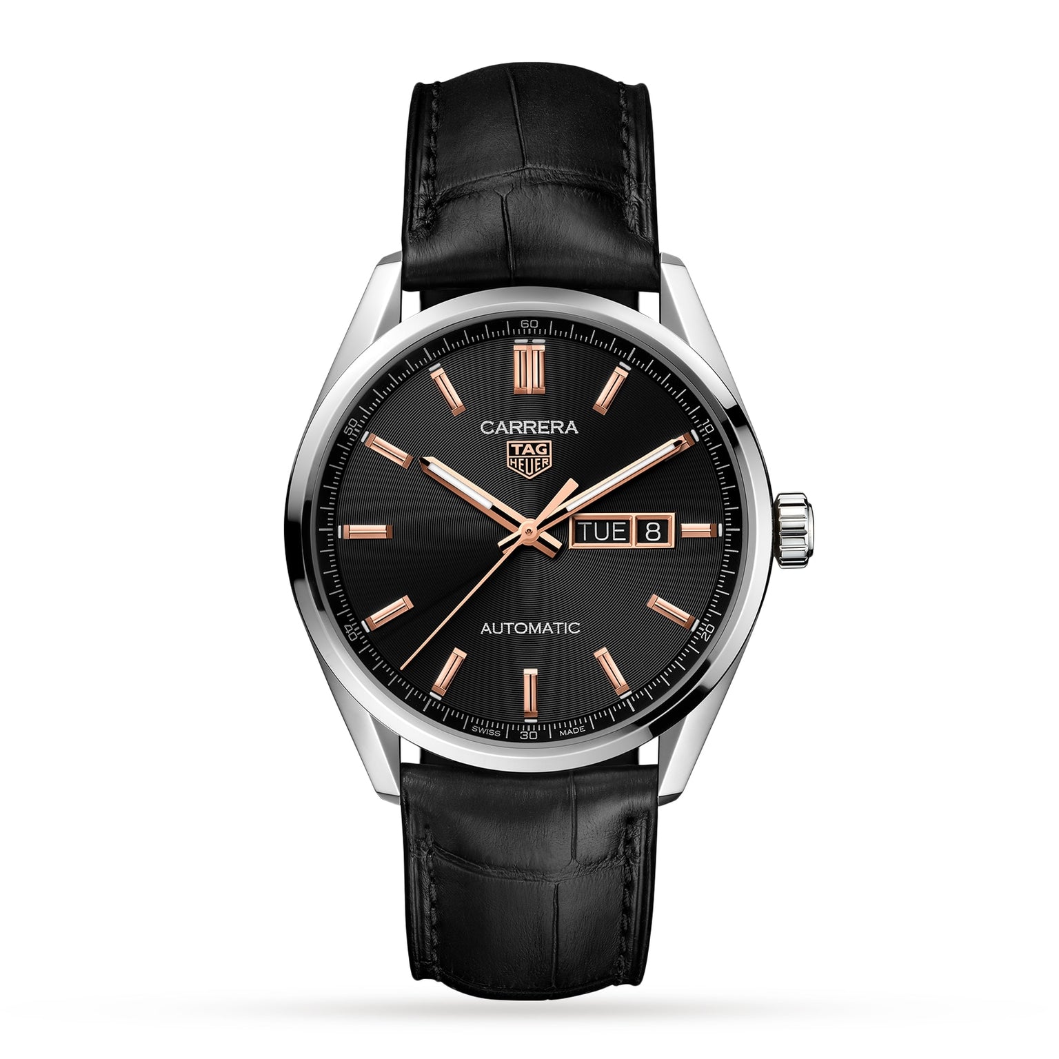 The TAG Heuer Carrera Day-Date features a black dial, rose gold markers and hands, a day-date display, Calibre 5 automatic movement, and a black leather strap—capturing the Carrera’s signature luxury aesthetic.