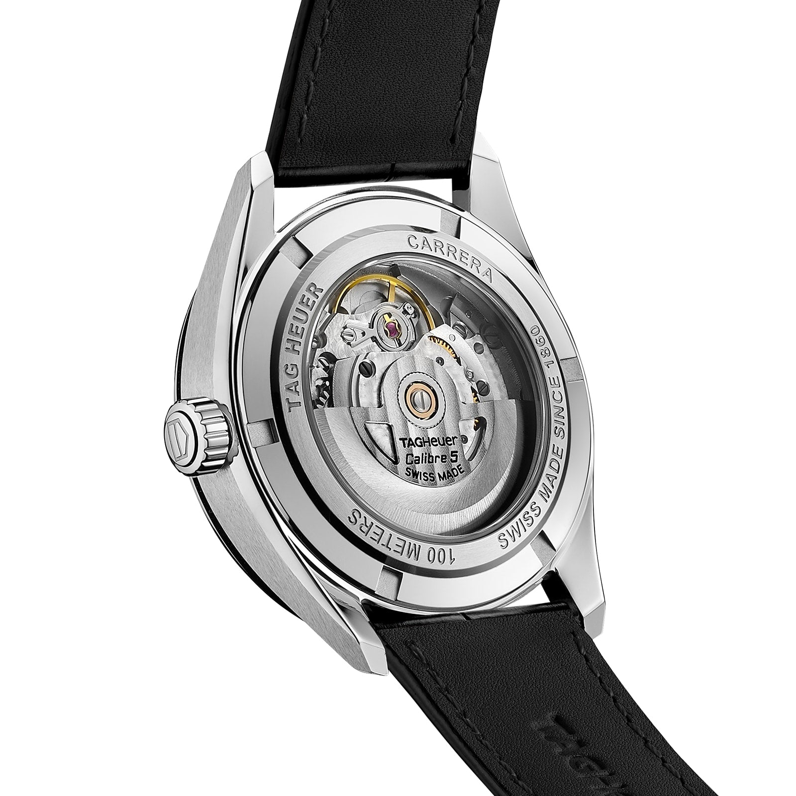 Back view of the TAG Heuer Carrera Date watch, showcasing its 39mm steel case and exposed automatic movement through a transparent case back engraved with branding and specifications.
