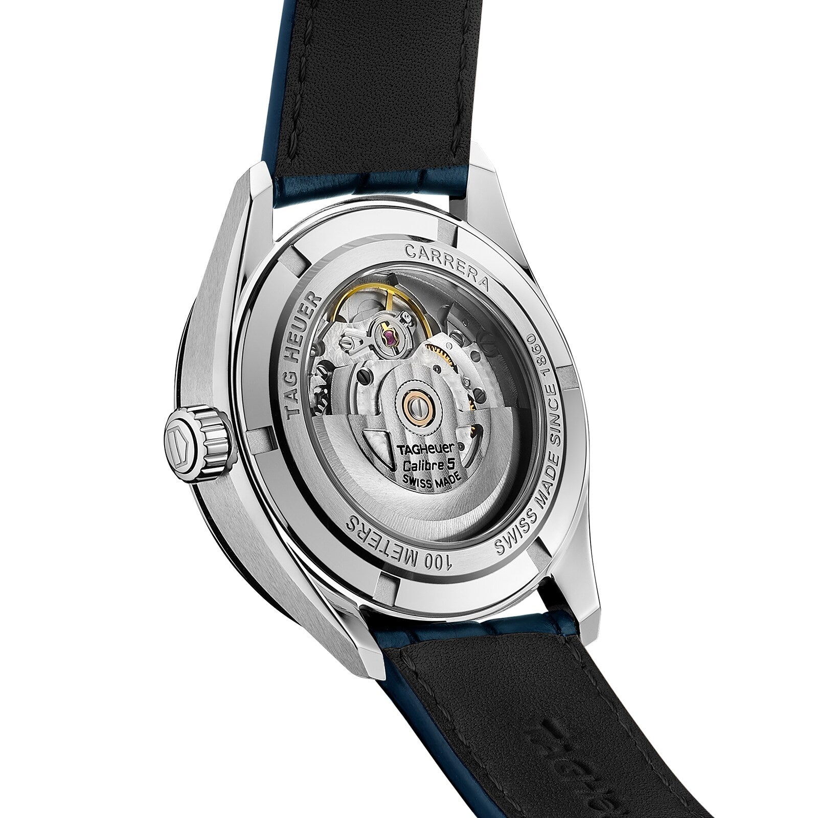 Close-up view of the transparent case back of the TAG Heuer Carrera Date, showcasing its automatic movement and engraved stainless steel rim—embodying TAG Heuer’s enduring performance and craftsmanship.