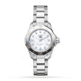 A TAG Heuer Aquaracer Professional 200 sports watch with a stainless steel case, white dial, diamond hour markers, and silver bezel is displayed on a plain white background.