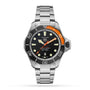 The TAG Heuer Aquaracer Professional 1000 Superdiver, made of stainless steel, features a black striped dial, round markers, and an orange-accented bezel, highlighting its remarkable water resistance in a forward-facing display.