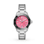 The TAG Heuer Aquaracer Professional 300 Date wristwatch features a stainless steel case, pink dial, silver hour markers, and a date display, shown against a white background.