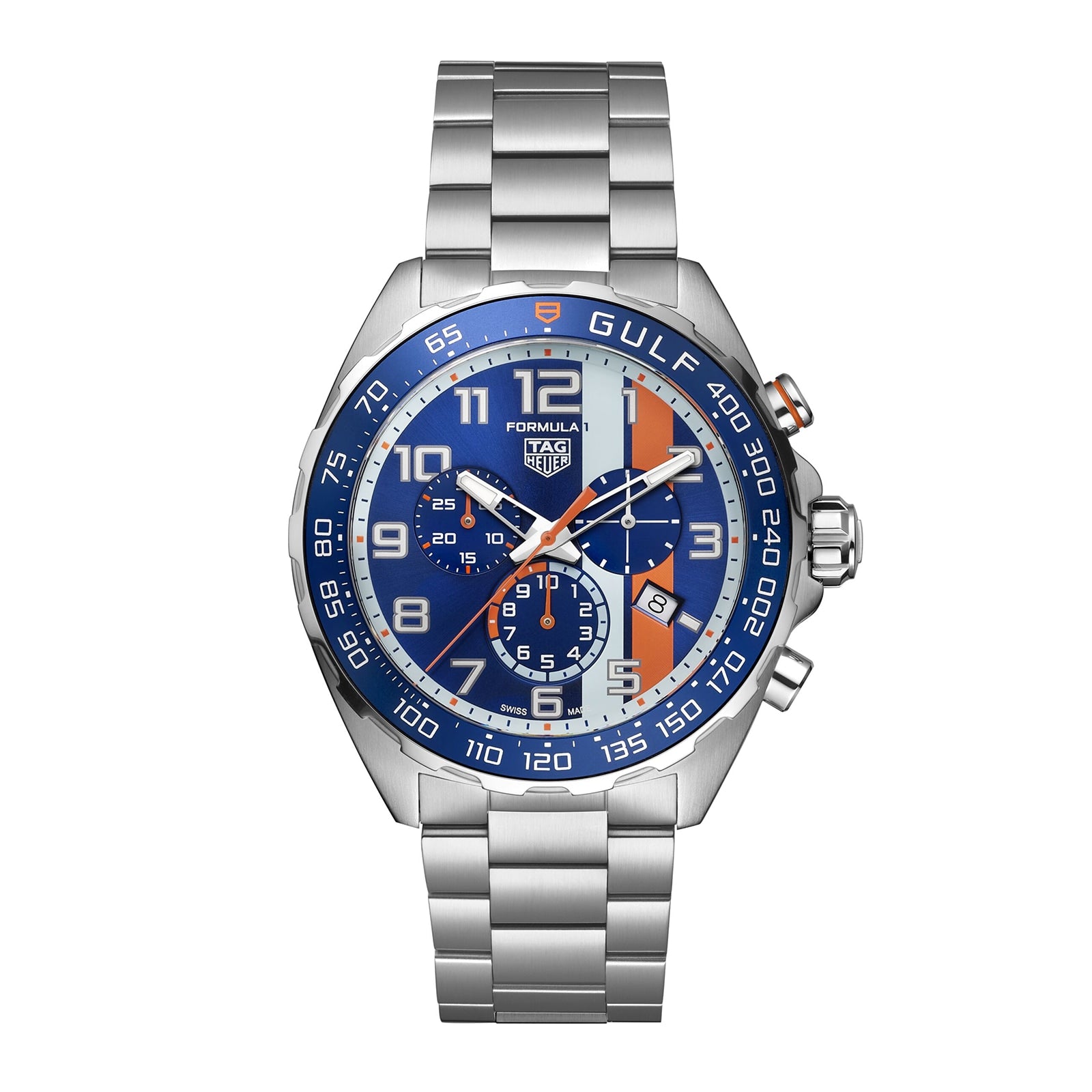 The TAG Heuer Special Edition Formula 1 Chronograph X Gulf watch features a blue and orange Gulf-themed dial and a stainless steel bracelet.