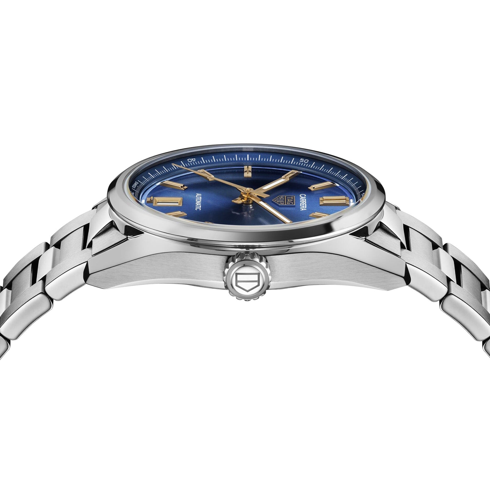 The TAG Heuer Carrera Date is a stainless steel wristwatch with a blue face, gold hour markers and hands, and a silver bracelet, displayed from the side—an ideal fusion of endurance and style.