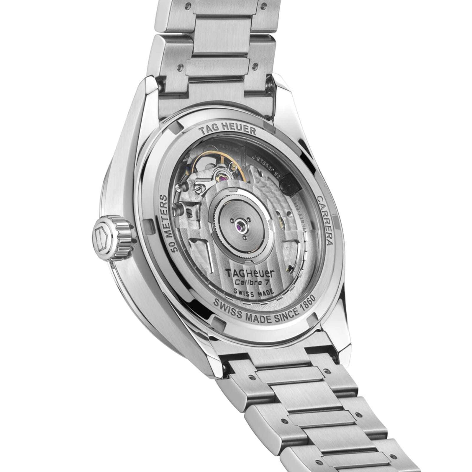 The image displays the back of the TAG Heuer Carrera Date wristwatch, showcasing its automatic movement through a transparent case back with engravings and a metal bracelet, emphasizing the Carrera Date’s elegance and precision.