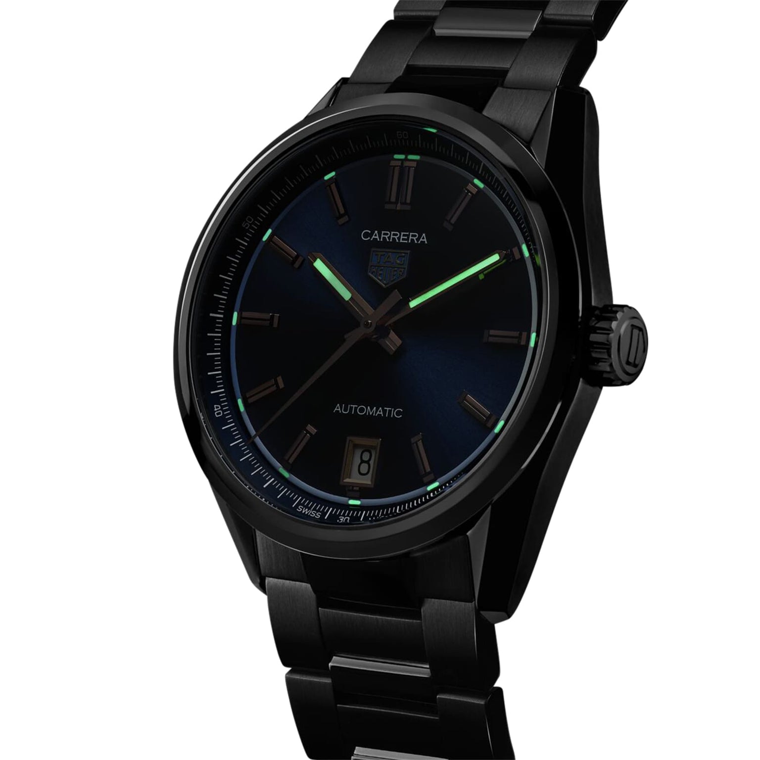 The TAG Heuer Carrera Date is a black automatic watch featuring a dark dial, luminous hands and markers, and a 6 o’clock date window, combining elegance and durability on a sleek metal bracelet.