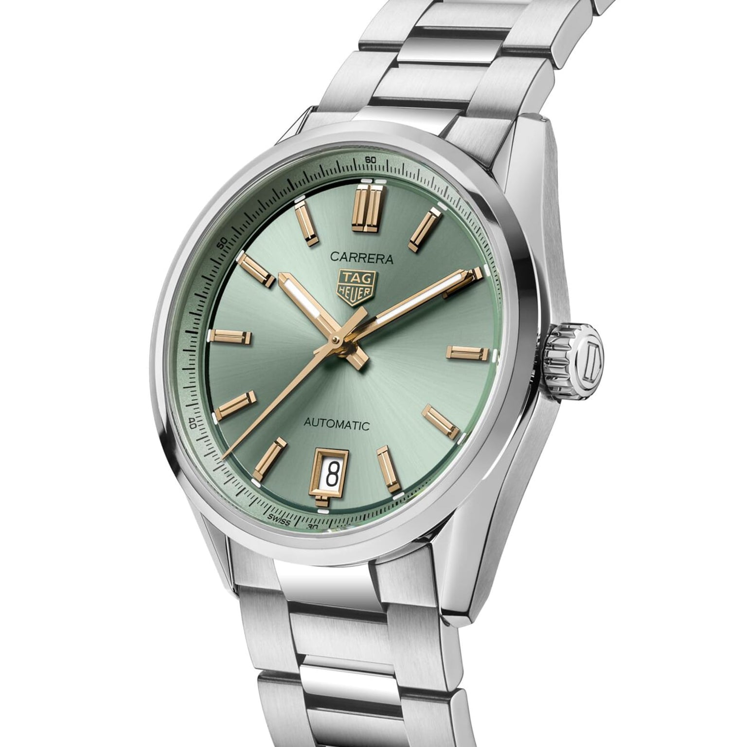The TAG Heuer Carrera Date is a silver wristwatch with a green dial, gold hour markers, date display at 6 o’clock, and a stainless steel bracelet—an icon of elegance and endurance.
