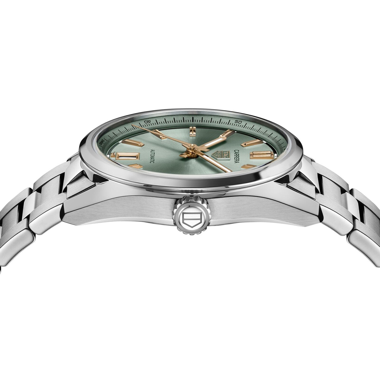 A close-up side view of the TAG Heuer Carrera Date wristwatch featuring a silver metal bracelet, green dial, gold hour markers, and visible brand logo on the crown, showcasing its elegance.