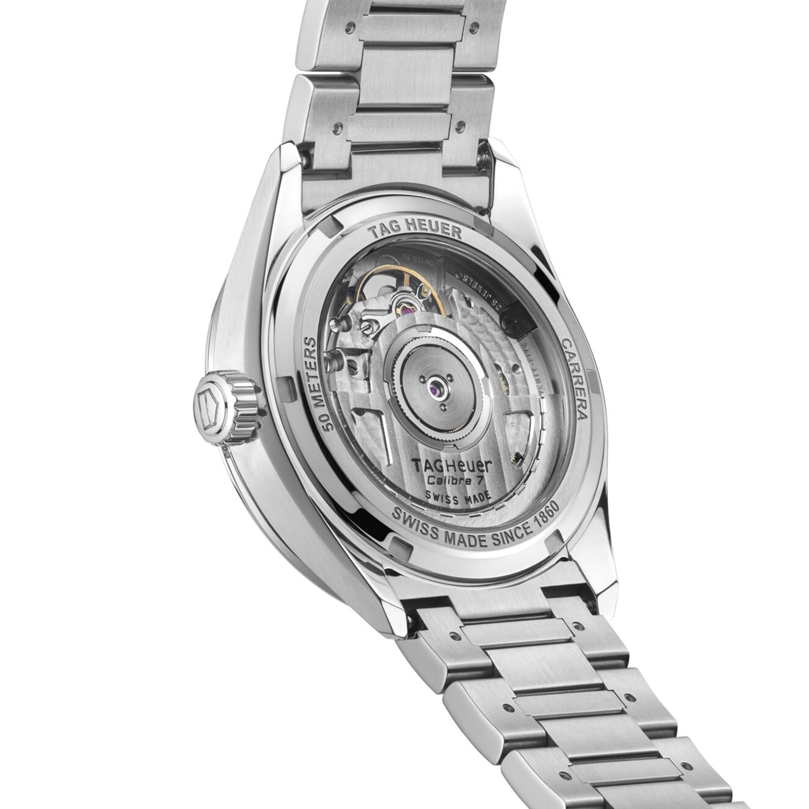 Close-up of the back of a TAG Heuer Carrera Date, highlighting its visible automatic movement, engraved stainless steel case details, and the timeless elegance that exemplifies the Carrera collection.