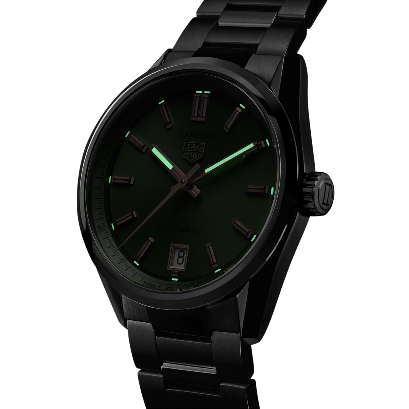 The TAG Heuer Carrera Date wristwatch boasts a black case and dark green dial, with luminous hands and markers for visibility, and a date display at 6 o’clock—an elegant timepiece from the renowned brand.