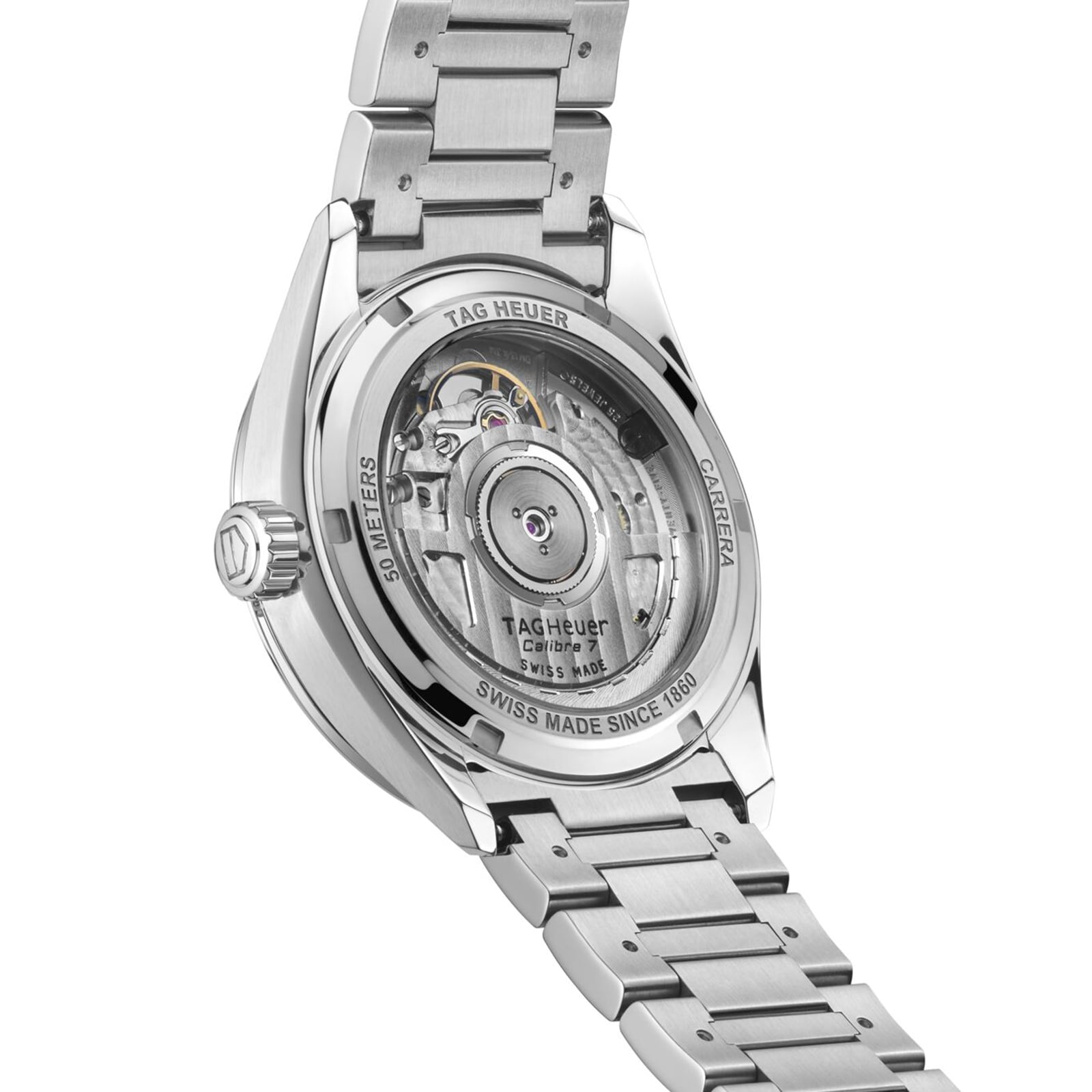 Back view of the TAG Heuer Carrera Date, displaying its exposed automatic movement and engraved case details—a timeless emblem of endurance and precision.