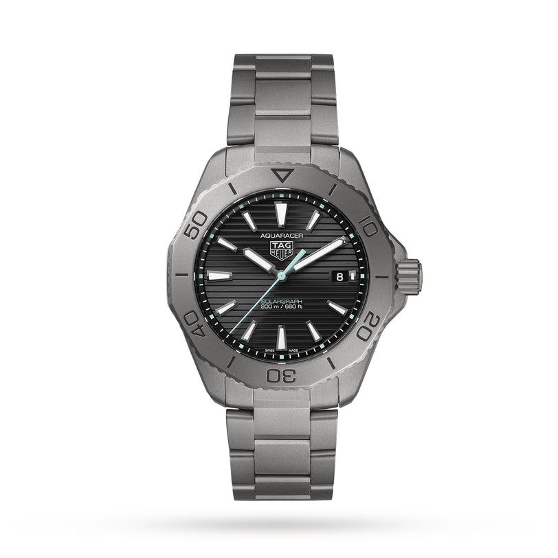 A TAG Heuer Aquaracer Professional 200 Solargraph wristwatch in stainless steel with a black dial and silver hour markers.