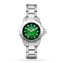 The TAG Heuer Aquaracer Professional 200 sports watch features a green dial, silver hour markers, date at 6 oclock, and a stainless steel bracelet, displayed on a white background.