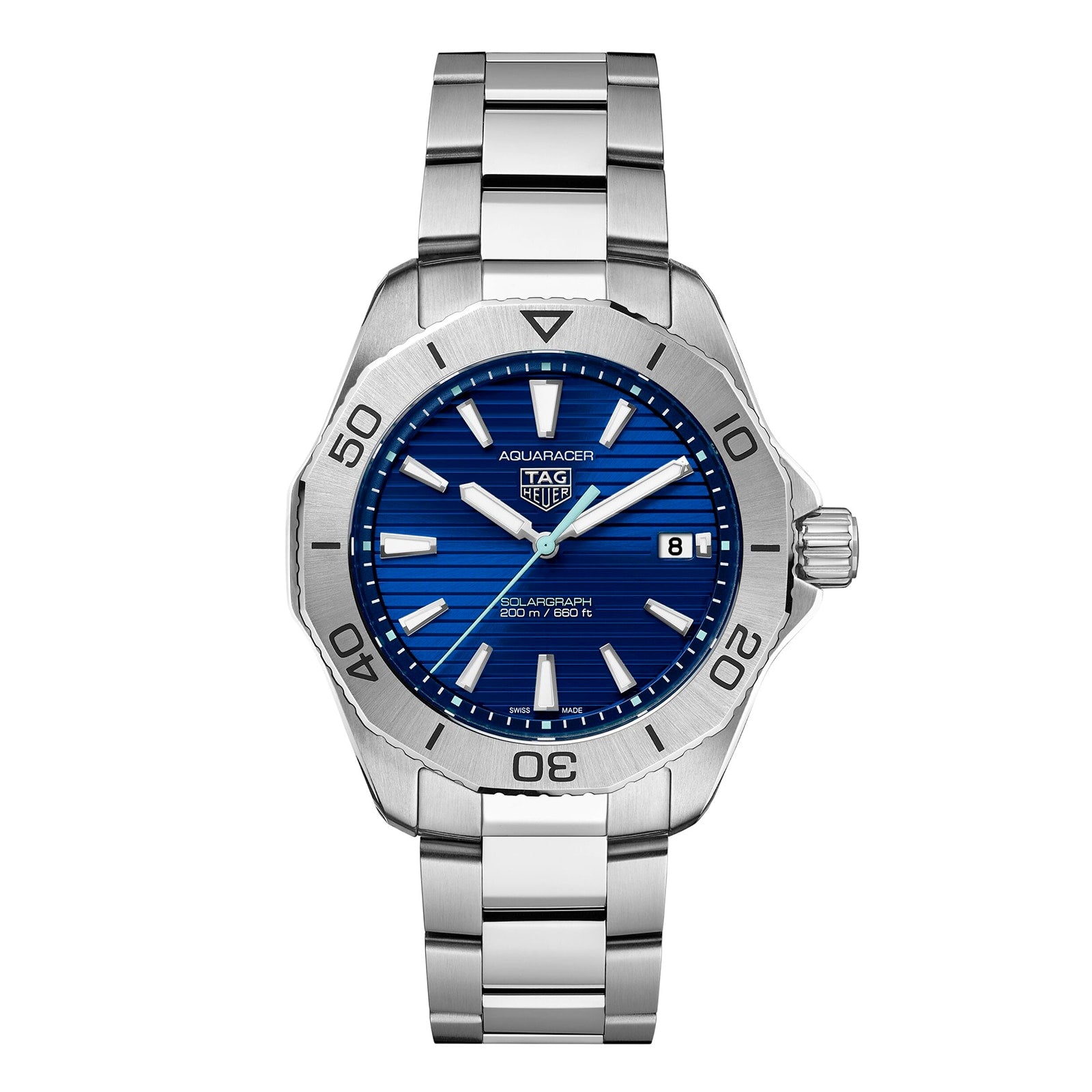 The TAG Heuer Aquaracer 200 Professional Solargraph features a blue dial, date at 3 o’clock, unidirectional bezel, and a stainless steel bracelet—melding classic style with TAG Heuer’s renowned craftsmanship.
