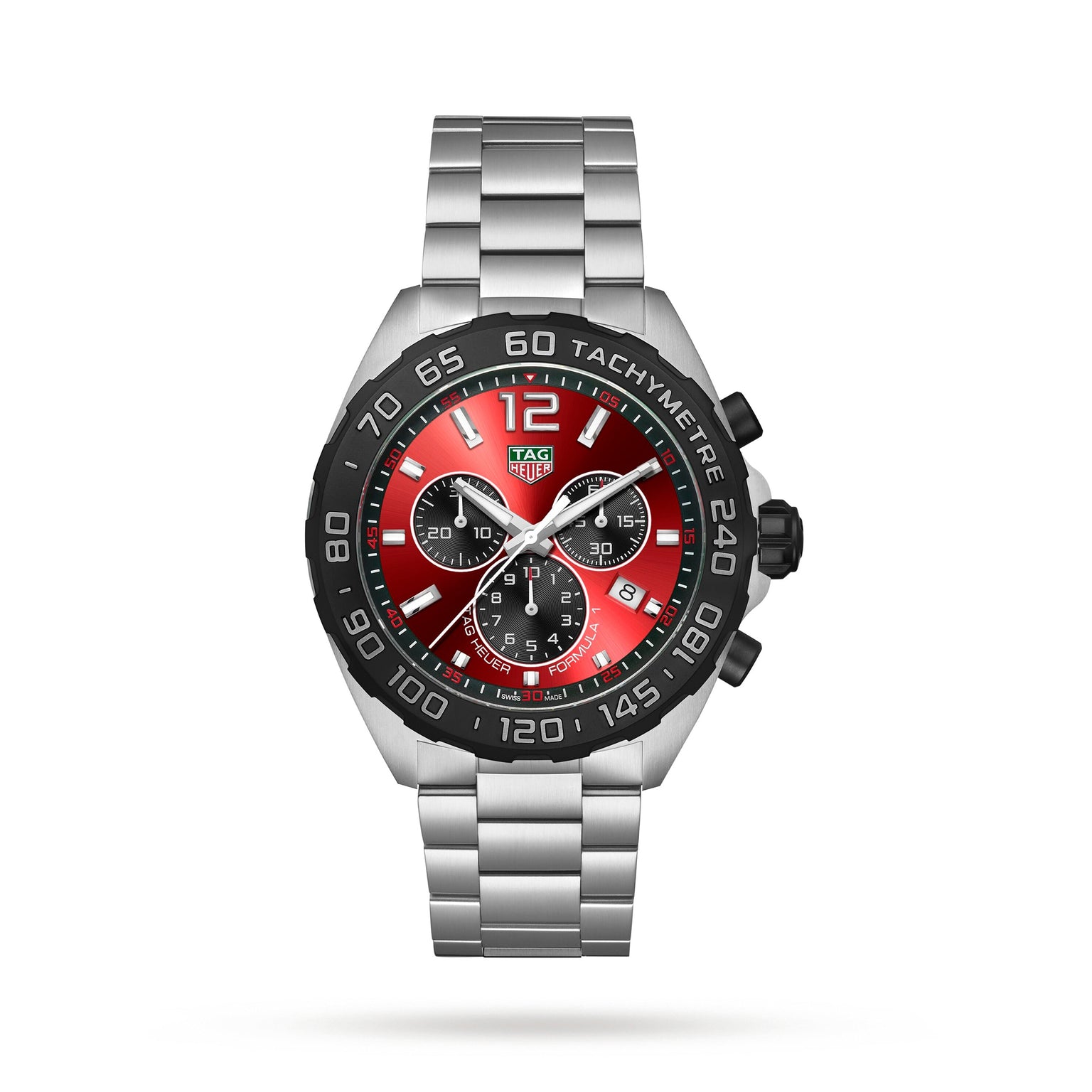 The TAG Heuer Formula 1 Chronograph features a stainless steel case, red and black dial, tachymeter bezel, and silver bracelet—an iconic luxury watch—displayed against a white background.