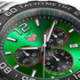 Close-up of the TAG Heuer Formula 1 Chronograph, featuring a green dial, three subdials, date window, and tachymeter scale on the black bezel—a striking luxury watch by TAG Heuer.