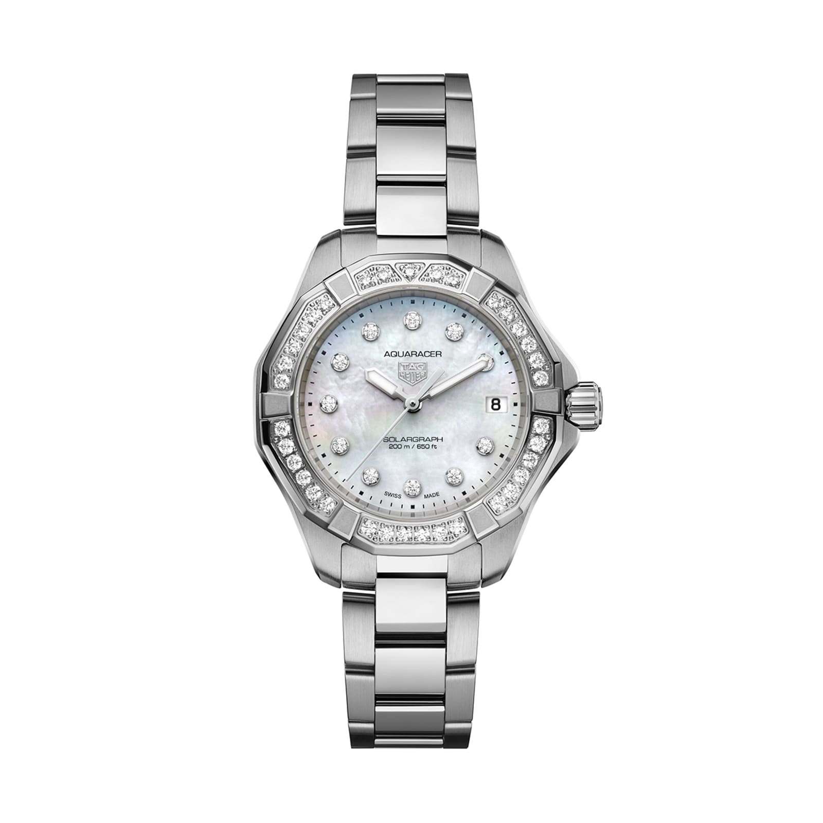 The TAG Heuer Aquaracer 200 Professional Solargraph is a silver watch with a metal band, diamond-set bezel, white mother-of-pearl dial, diamond hour markers, date at 3 oclock, and an advanced solar-powered module.