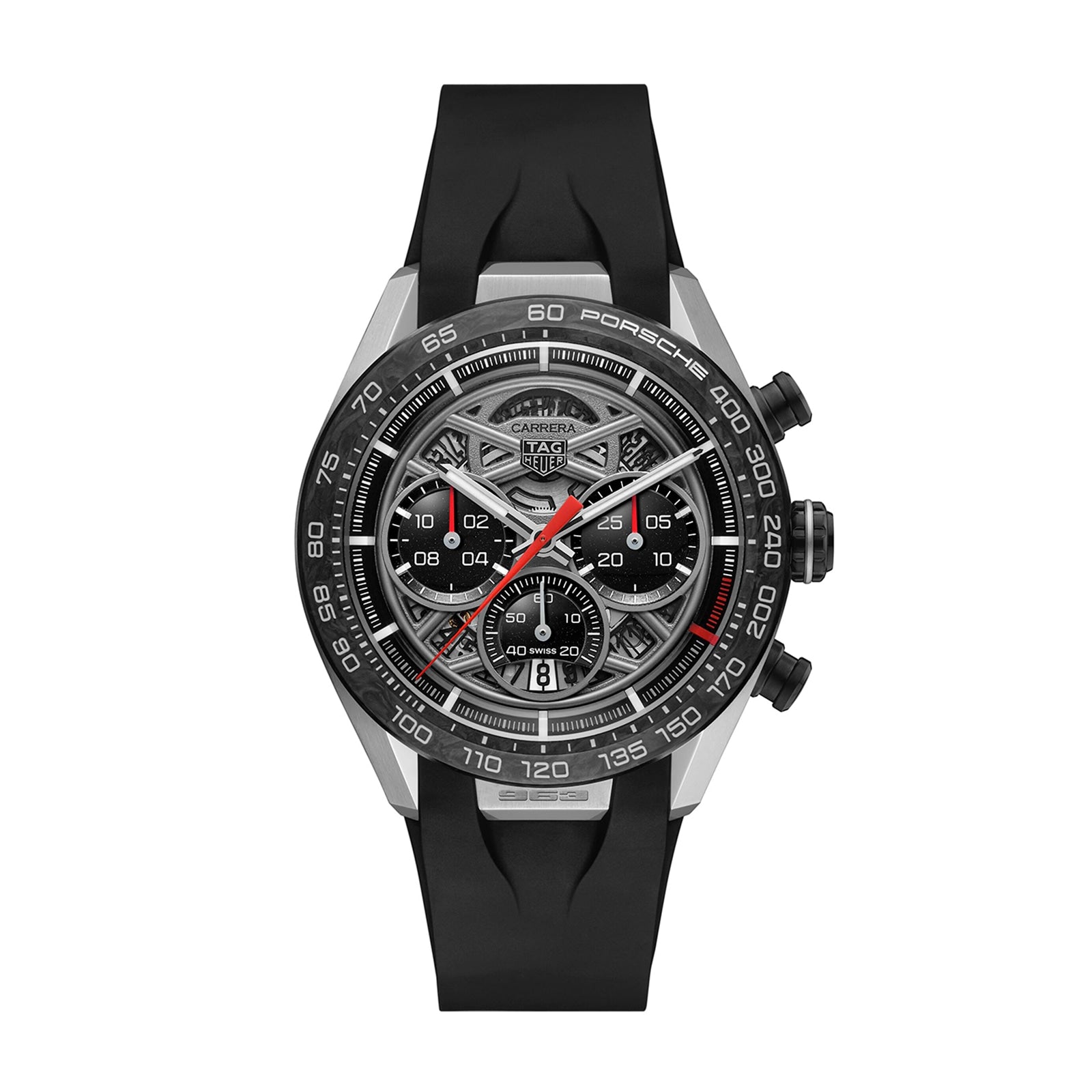 A TAG Heuer Limited Edition Carrera Chronograph x Porsche 963 wristwatch with a black rubber strap, skeleton dial, and three subdials is displayed against a white background.