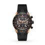 The TAG Heuer Carrera Chronograph Extreme Sport watch features a black rubber strap, rose gold accents, a skeleton dial with three subdials, and chronograph and tachymeter functions inspired by motorsport.