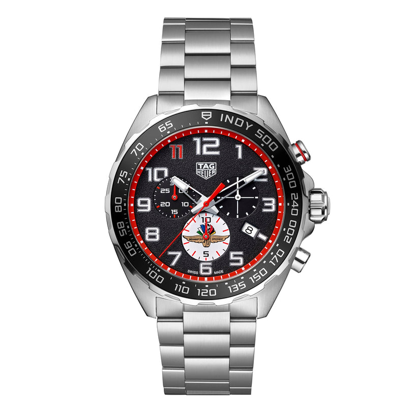 The TAG Heuer Special Edition Formula 1 X Indy 500 features a silver stainless steel bracelet, black dial with red accents, and quartz chronograph movement.