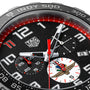 Close-up of the TAG Heuer Special Edition Formula 1 X Indy 500 watch face featuring a quartz chronograph movement, three subdials, date window, and Indianapolis Speedway logo with striking red, white, and black Indy 500 accents.