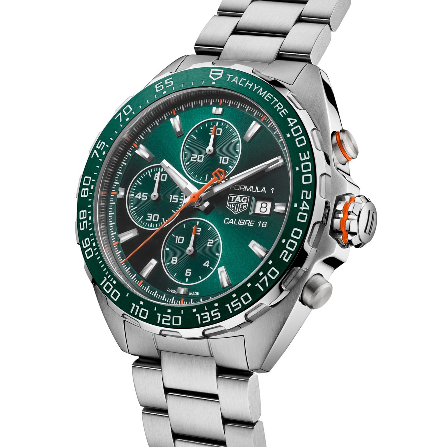 The TAG Heuer Formula 1 Chronograph features a stainless steel case, green ceramic tachymeter bezel, green dial with three subdials and date display, plus a silver metal bracelet.