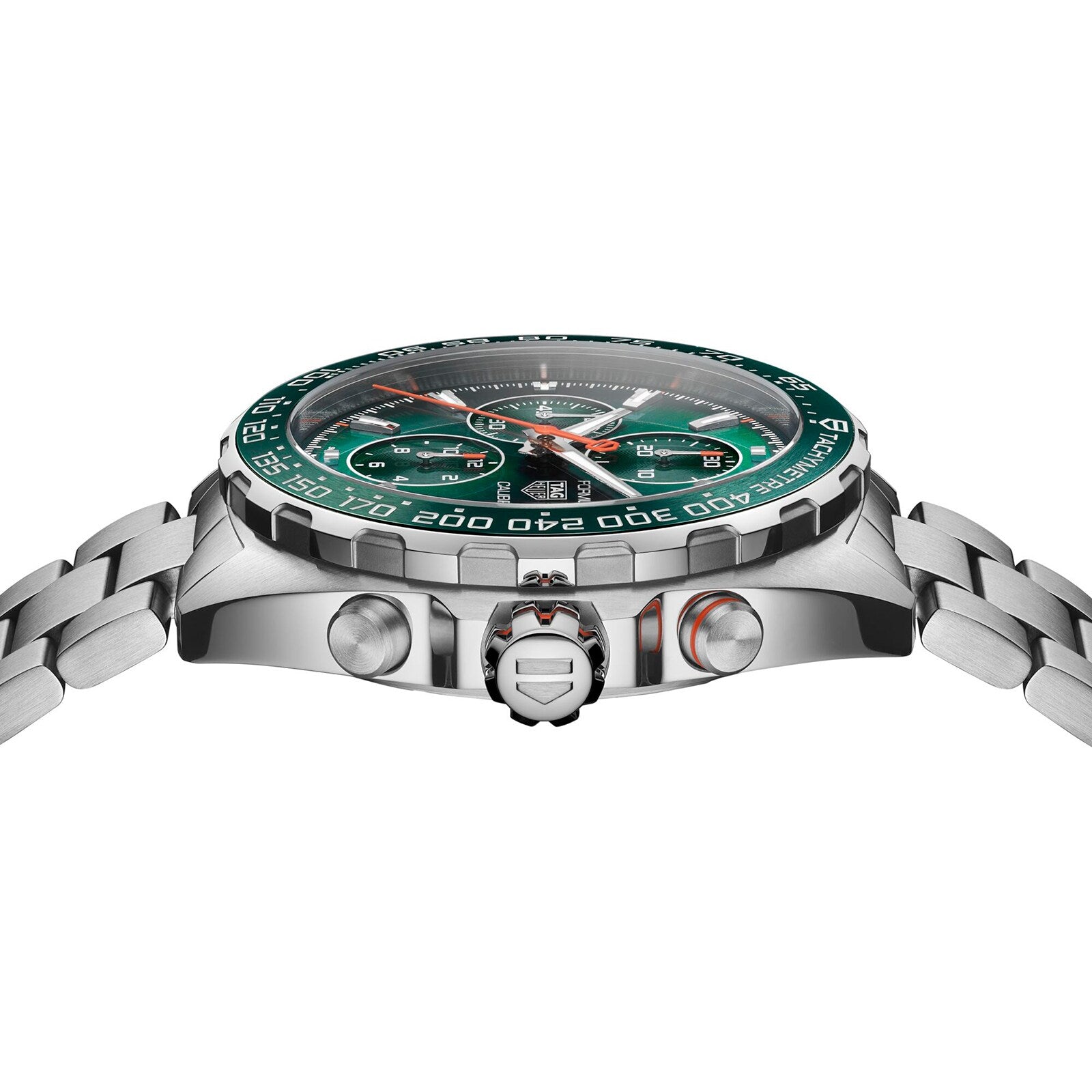 Side view of the TAG Heuer Formula 1 Chronograph, showcasing a green ceramic tachymeter bezel and dial, push buttons and crown, on a metal link bracelet. Features Calibre 16 automatic movement for precise timekeeping.