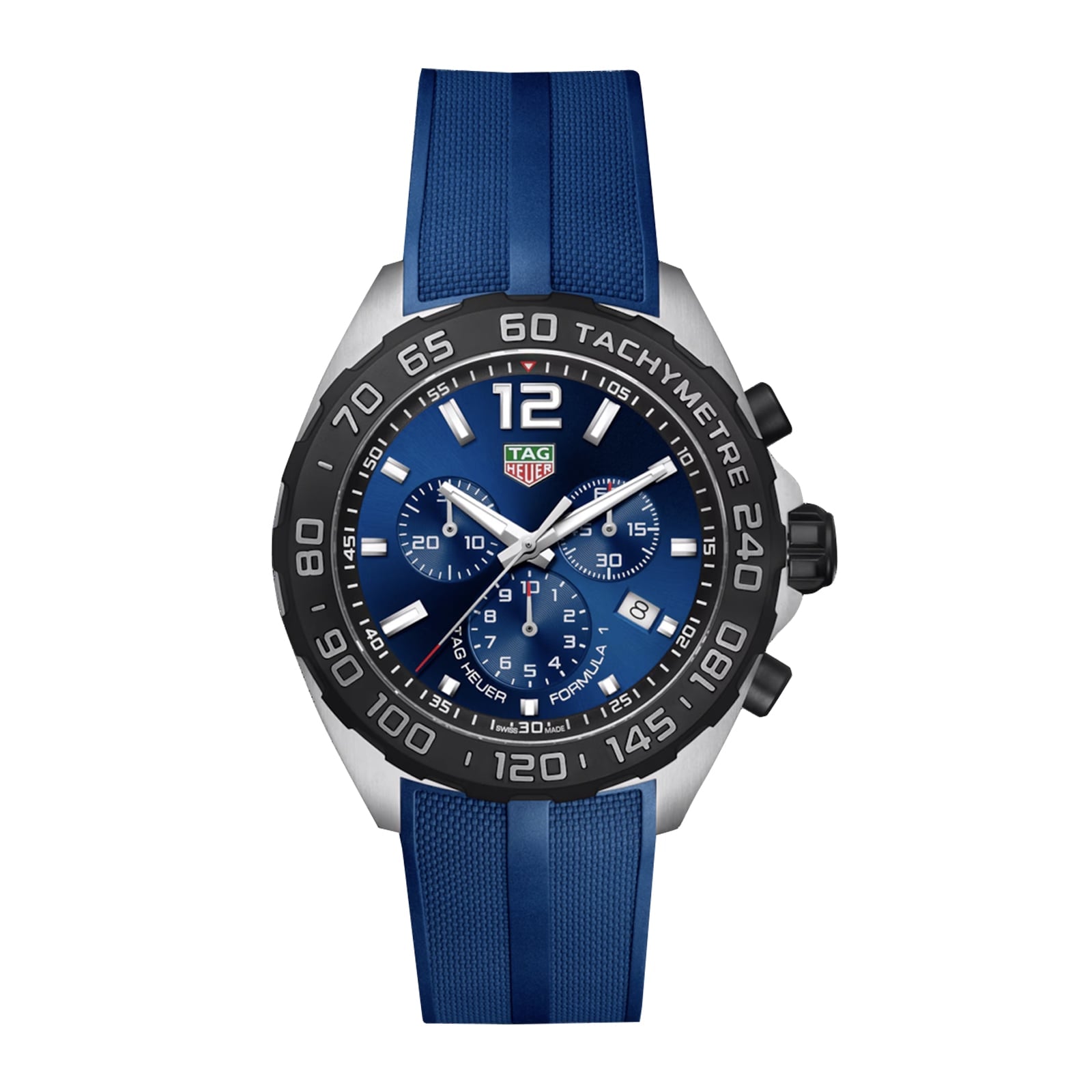 The TAG Heuer Formula 1 Chronograph features a blue dial and strap, black tachymeter bezel, silver-tone case, and clear hour, minute, and second markers.