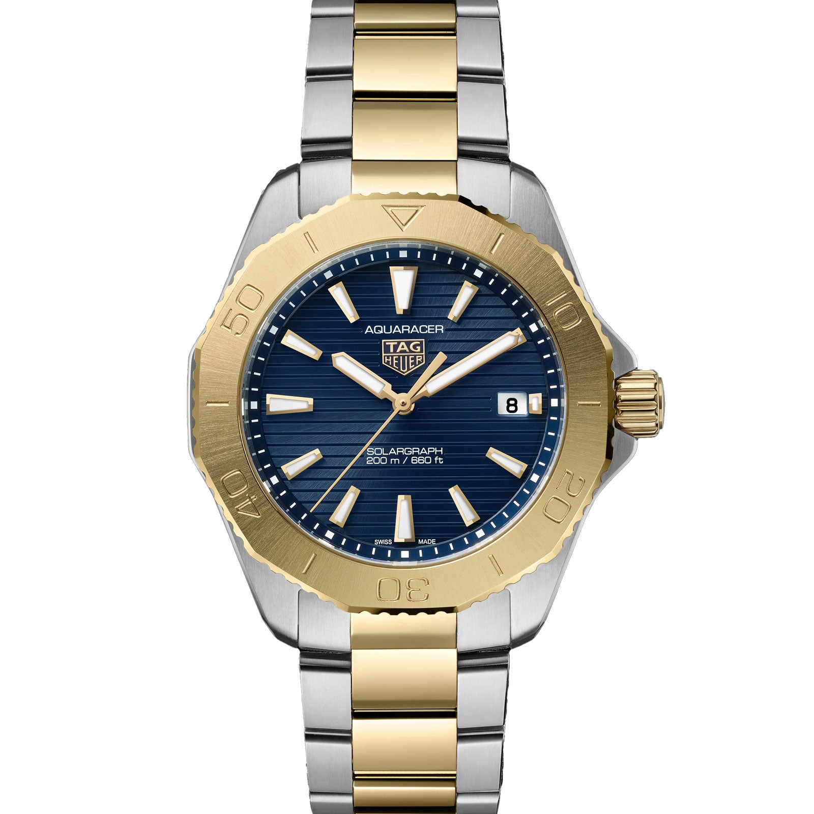 The TAG Heuer Aquaracer Professional 200 Solargraph features a blue dial, gold bezel, date display, two-tone bracelet, and advanced Solargraph technology for exceptional performance.