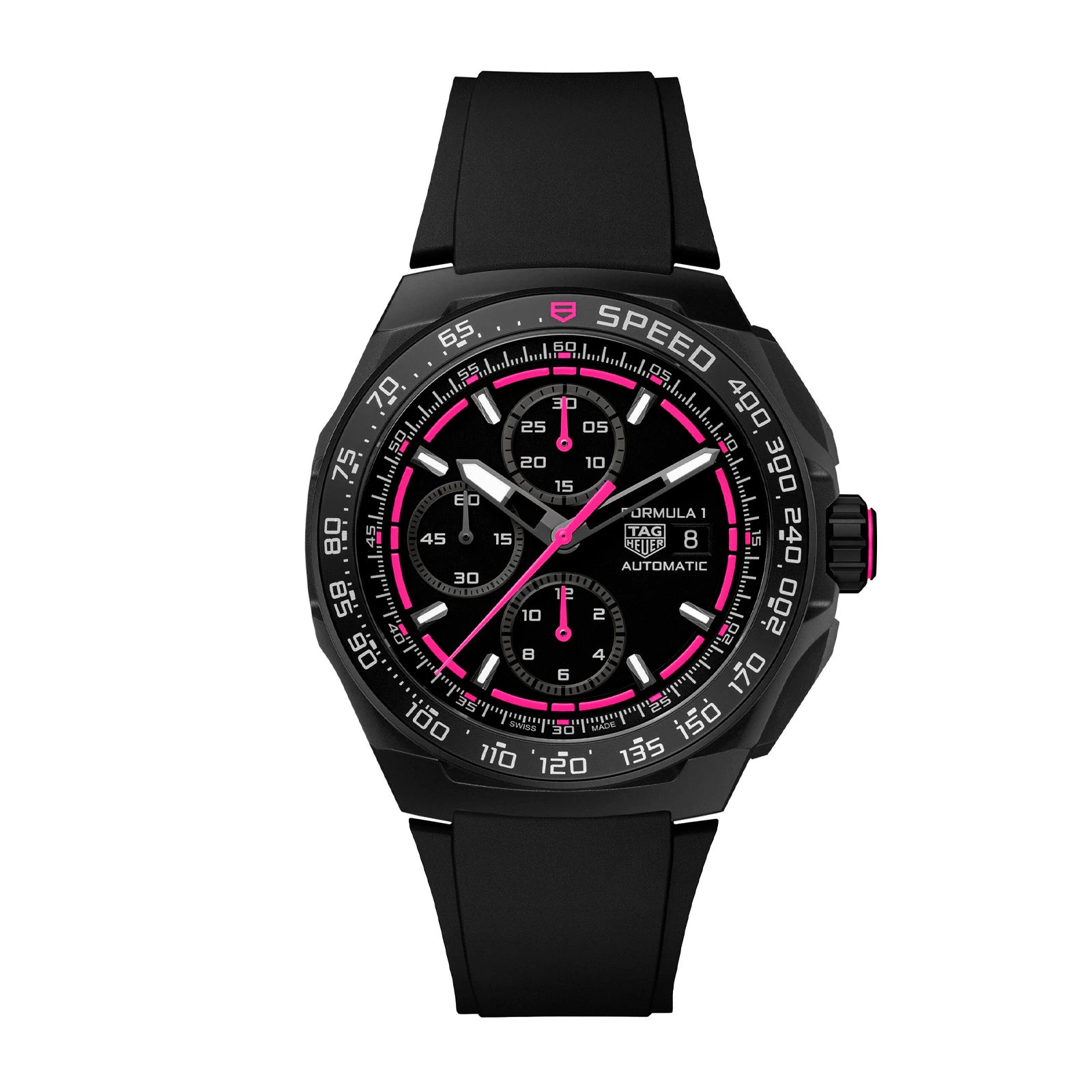 The TAG Heuer Formula 1 Chronograph Limited Edition features a black strap and dial, pink accents, three sub-dials, date at 3 o’clock, and a tachymeter bezel for racing precision.