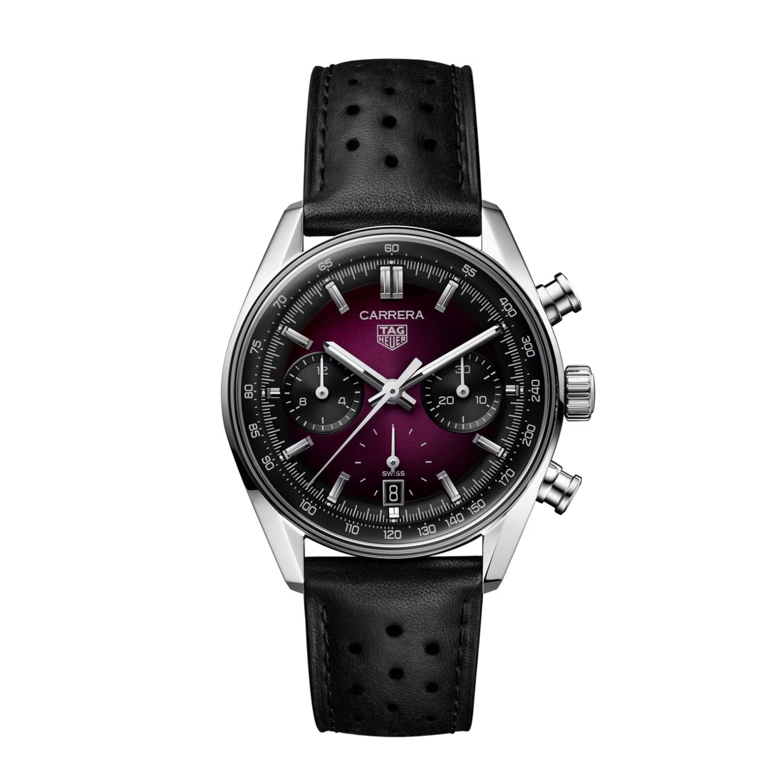 The TAG Heuer Carrera Chronograph features a stainless steel case, black perforated leather strap, smokey purple sunray brushed dial with three subdials, date window, and silver markers.