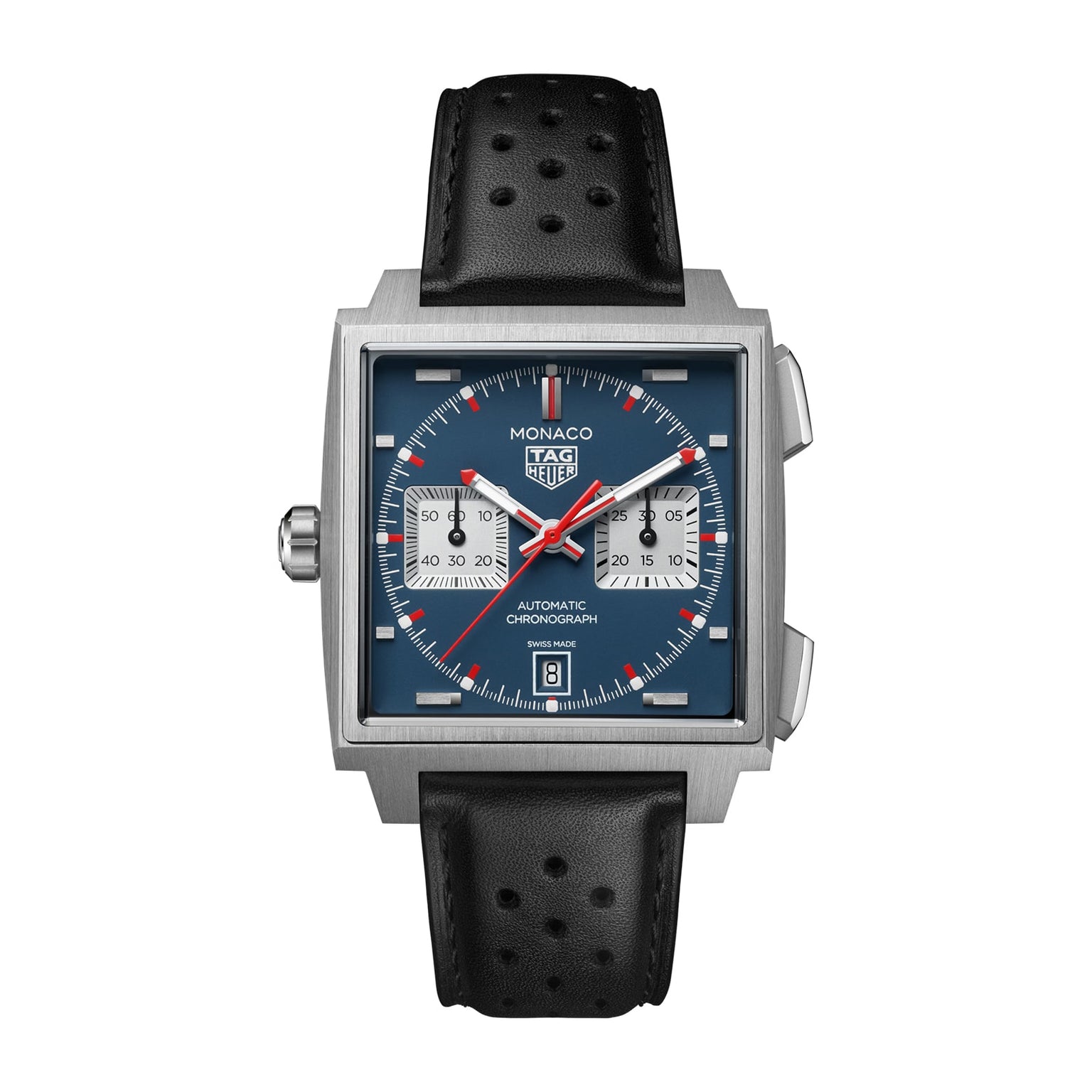 Square stainless steel chronograph watch with blue dial, white subdials, red hands, and perforated black leather strap.