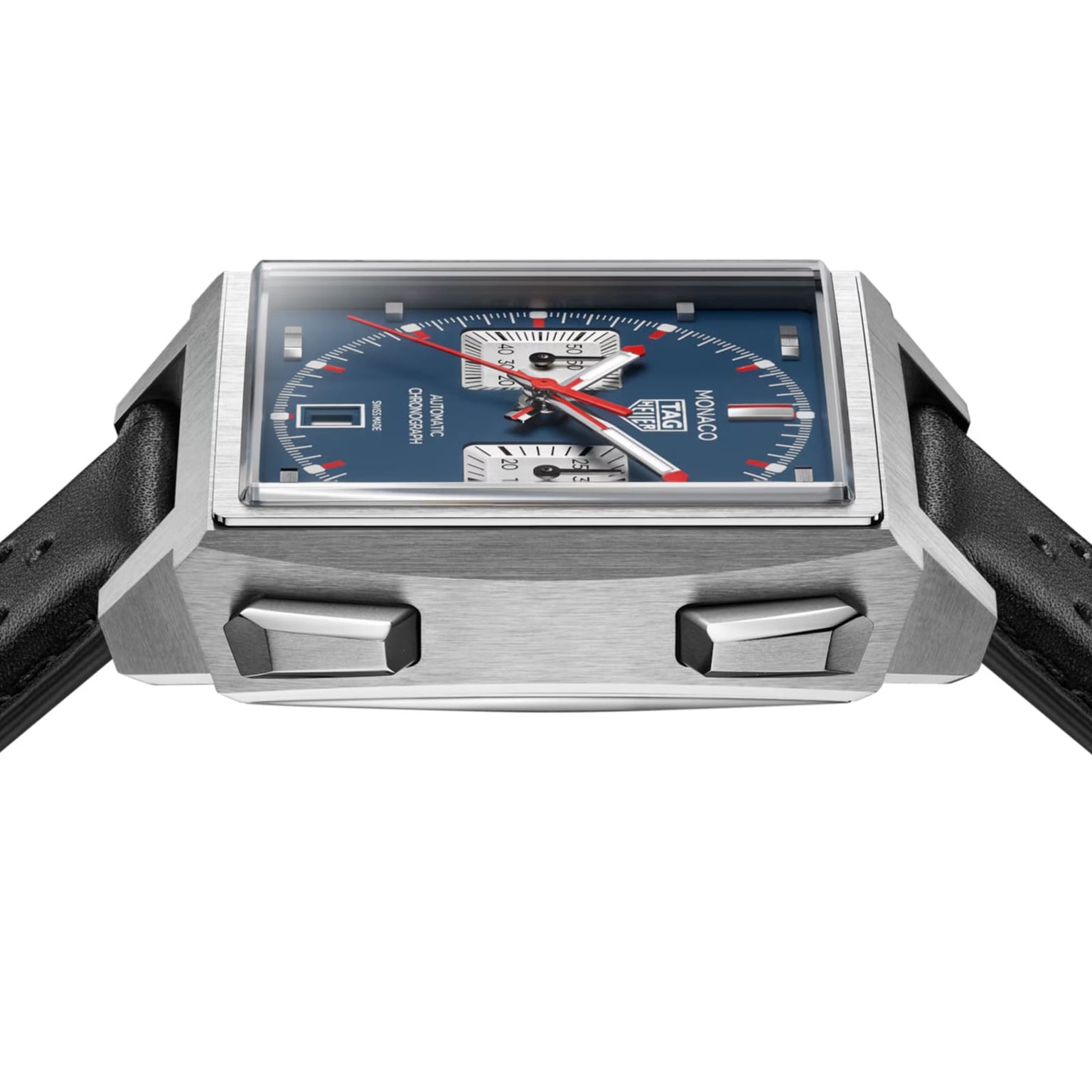 Square stainless steel chronograph watch with blue dial, red hands, and black leather strap.