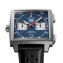 Square stainless steel chronograph watch with blue dial, red hands, two subdials, and black leather strap.