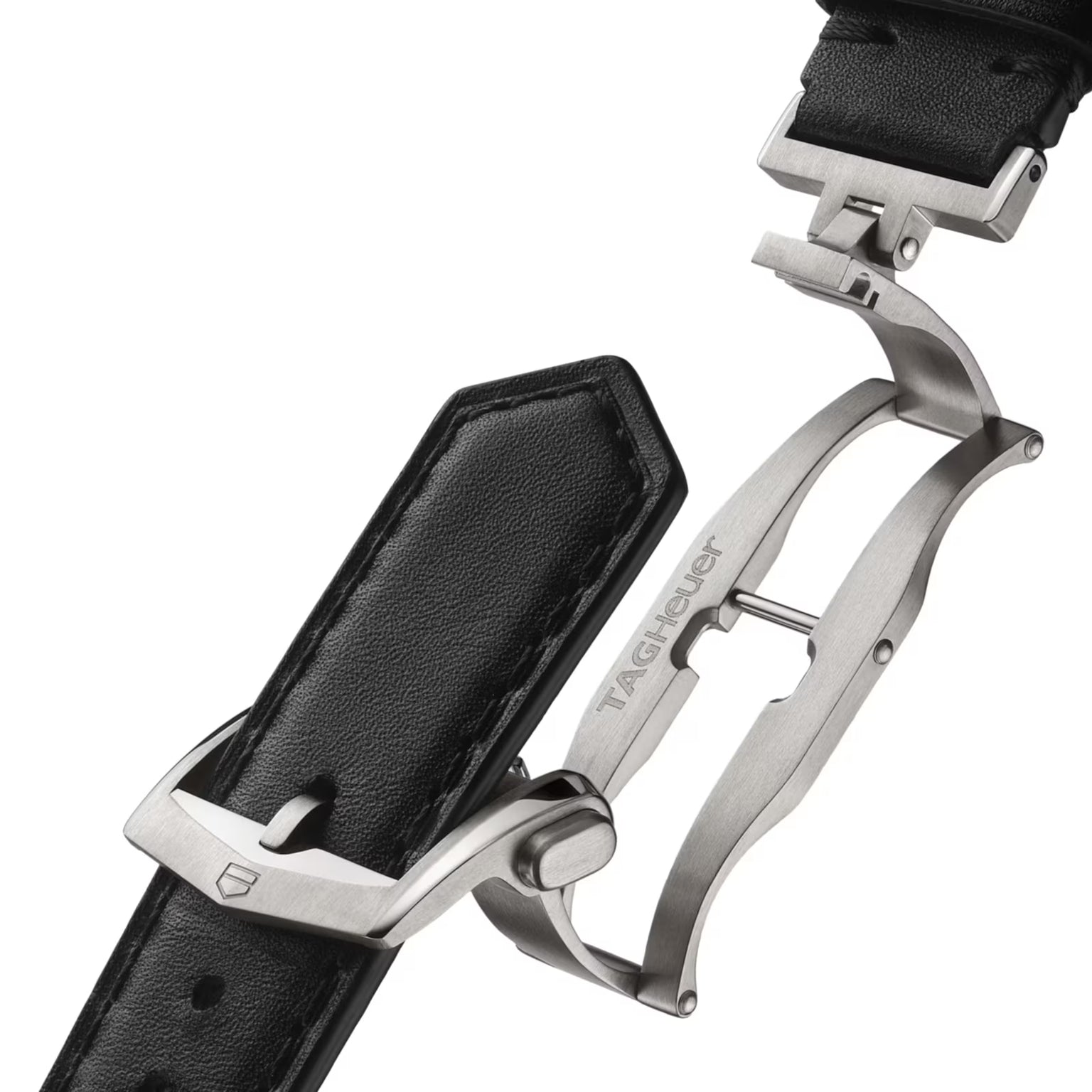 Black leather watch strap with silver-tone metal buckle and adjustment clasp detail.